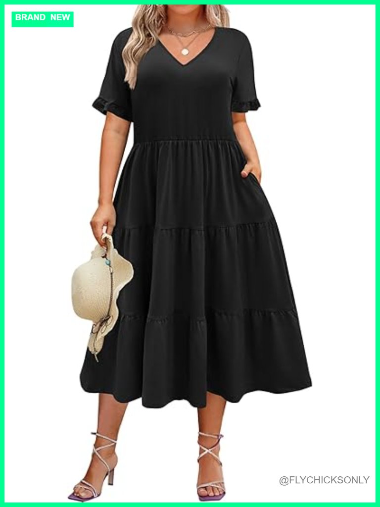 Plus Size Short Sleeve Midi Tiered V-Neck A-Line Flowy Dress With Pockets